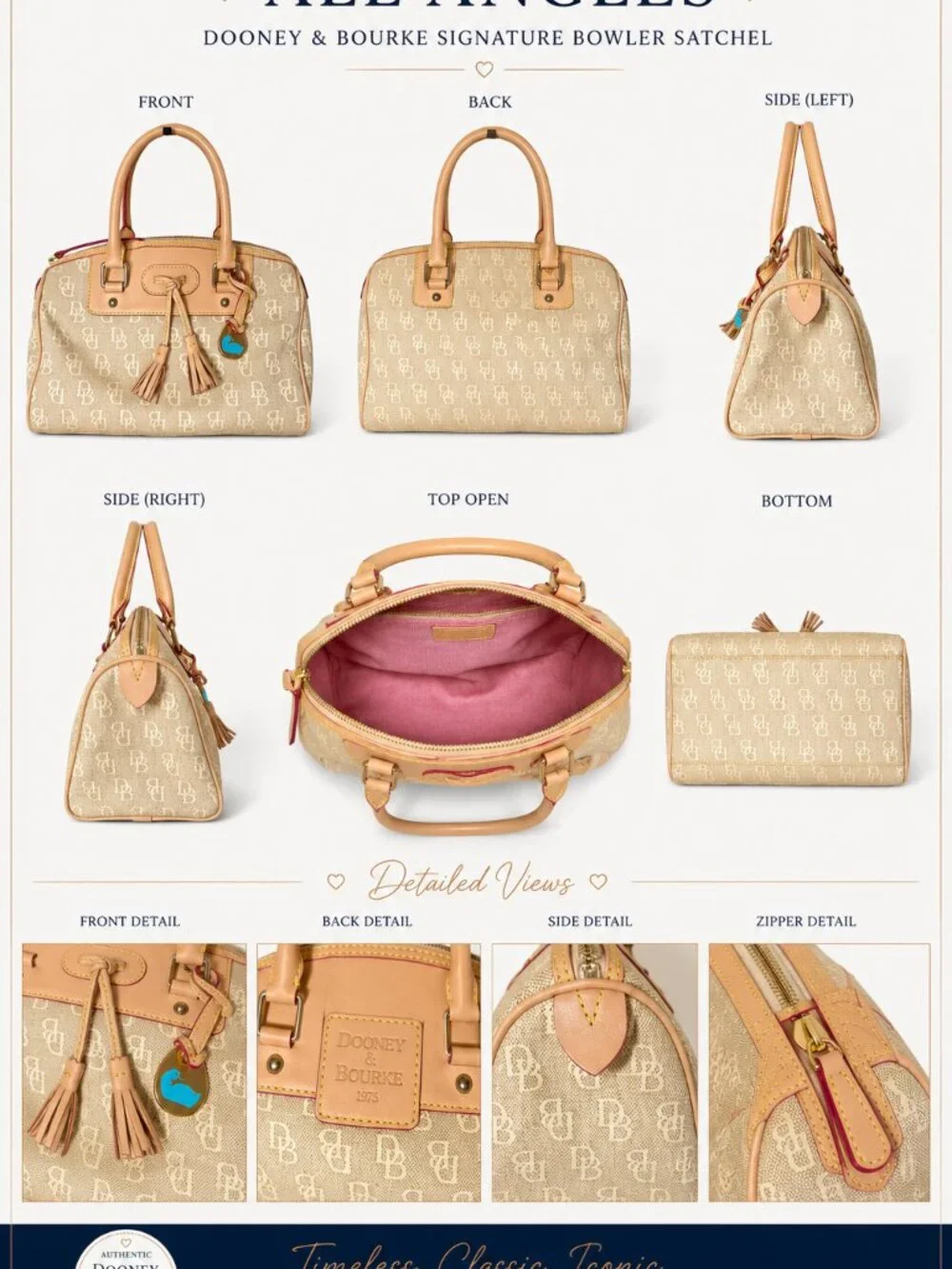Dooney & Bourke Beige DB Monogram Canvas Bowler Satchel Leather Tassel Charm Bag